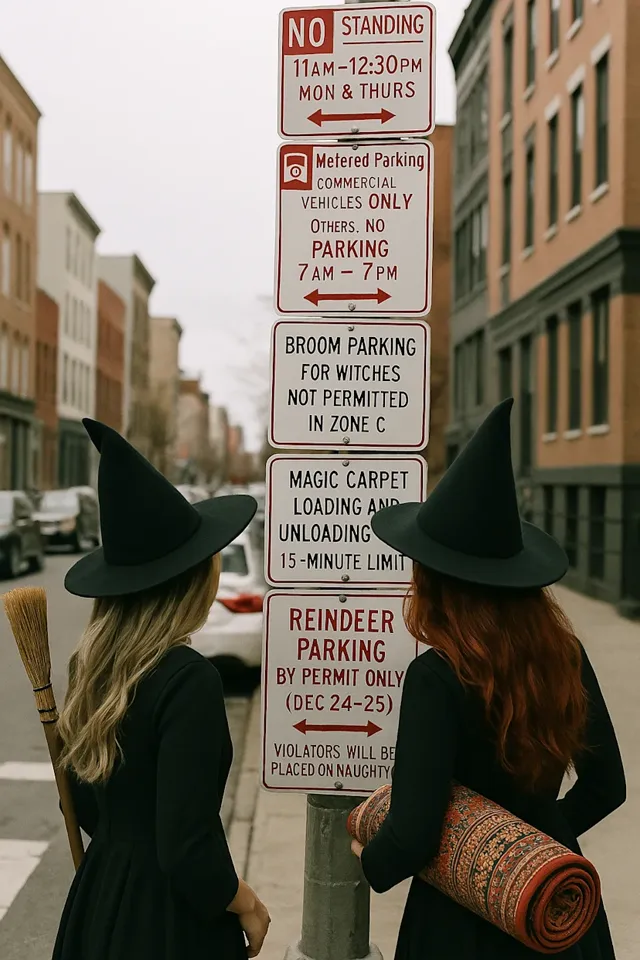 Create a photorealistic image of two witches in their 20s (one ash balayage, one with long wavy auburn hair) reading a street sign.