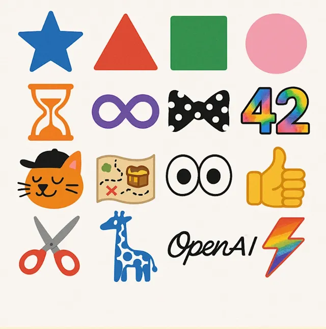 A square image containing a 4 row by 4 column grid containing 16 objects on a white background. Go from left to right, top to bottom. Here's the list:1. a blue star2. red triangle