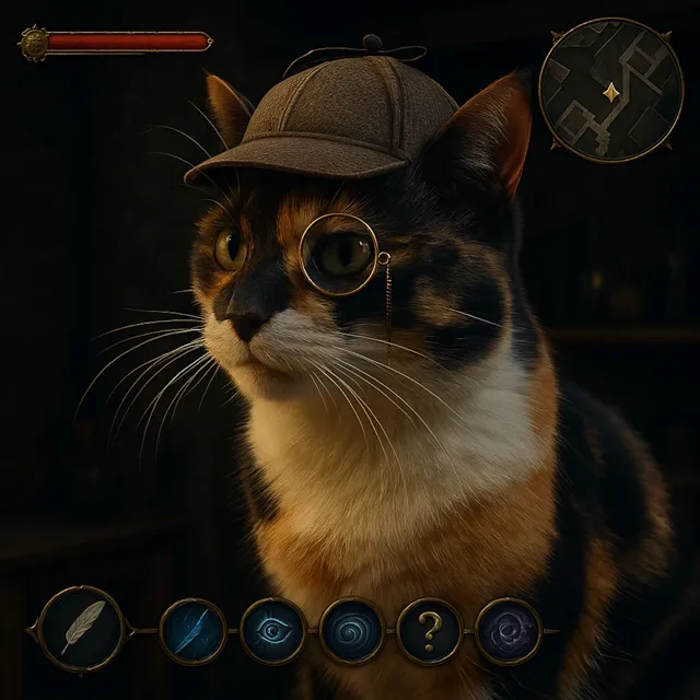 turn this into a triple A video games made with a 4k game engine and add some User interface as overlay from a mystery RPG where we can see a health bar and a minimap at the top as well as spells at the bottom with consistent and iconography