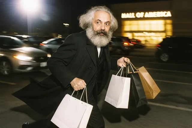 A candid paparazzi-style photo of Karl Marx hurriedly walking through the parking lot of the Mall of America, glancing over his shoulder with a startled expression as he tries to avoid being photographed. He's clutching multiple glossy shopping bags filled with luxury goods. His coat flutters behind him in the wind, and one of the bags is swinging as if he's mid-stride. Blurred background with cars and a glowing mall entrance to emphasize motion. Flash glare from the camera partially overexposes the image, giving it a chaotic, tabloid feel.