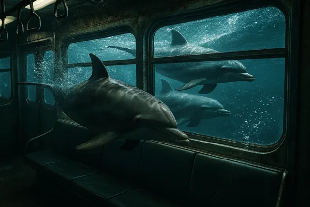 A realistic underwater scene with dolphins swimming through the windows of an abandoned subway car, with bubbles and detailed water flow accurately simulated.