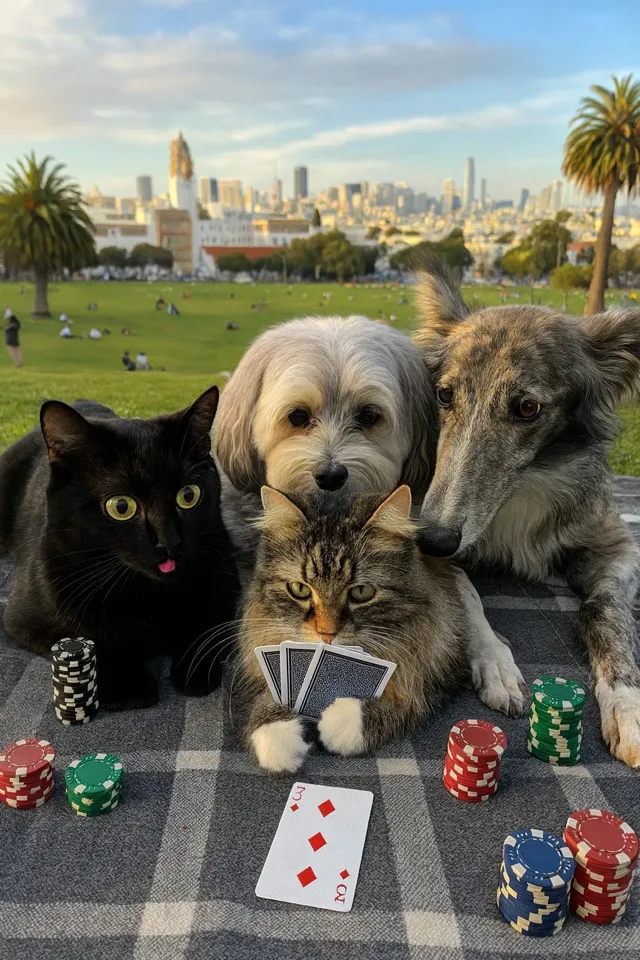Create image super-realistic picture of these 4 creatures playing poker on a picnic blanket, zoomed out, in dolores park. photorealistic. The tabby long haired cat is holding a hand; right next to it are 2 tall vertical black chips (with stripes) as it has been raking in the dough. Tabby's pupils are large and cute, and ii looking down and scrutinizing its cards, focused. Derpy black cat went all in. Two dogs are peering over cat's shoulder to see their cards. All cards are face down and of the same back color except for an exposed three of diamonds. small stack of poker chips are in front of each creature, but black cat went all in. the two dogs folded. All chips are from the same set and all cards have same color. photorealistic, shot on iphone, raw format.