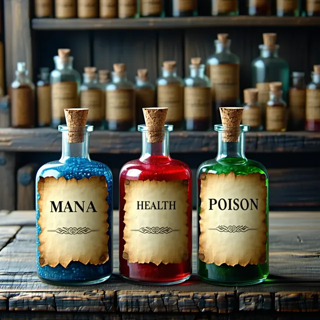 Photo of three potions: the first potion is blue with the label "MANA", the second potion is red with the label "HEALTH", the third potion is green with the label "POISON". Old apothecary