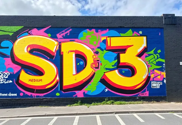 a photo of vibrant artistic graffiti on a wall saying SD3 medium