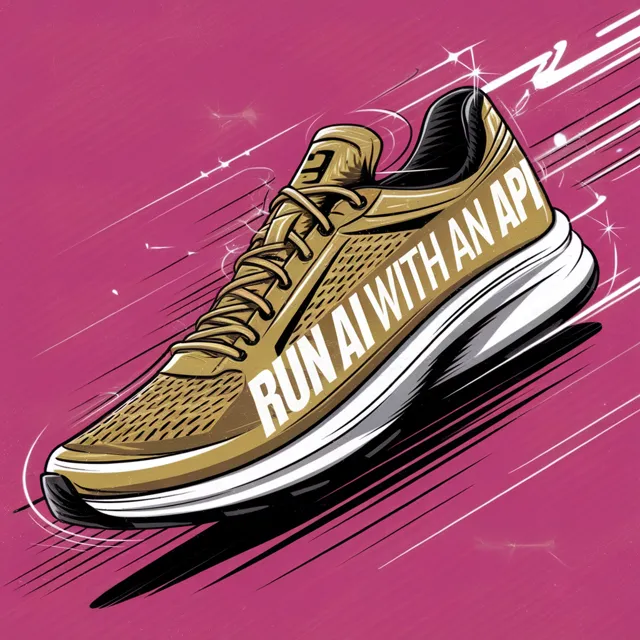 An illustration of a gold running shoe with the text Run AI with an API written on the shoe. The shoe is placed on a pink background. The text is white and bold. The overall image has a modern and techy vibe, with elements of speed.