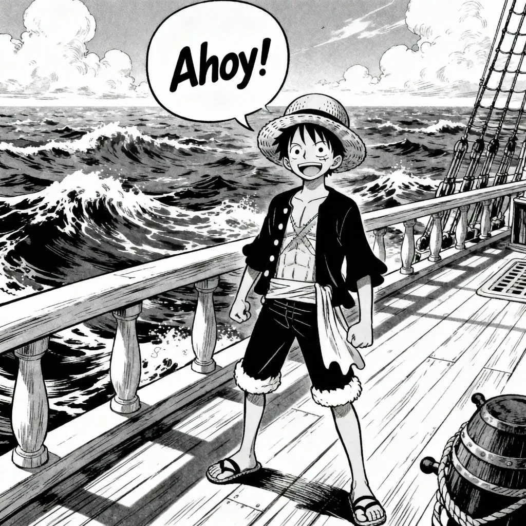 Pirate adventure manga panel, cheerful wide composition
