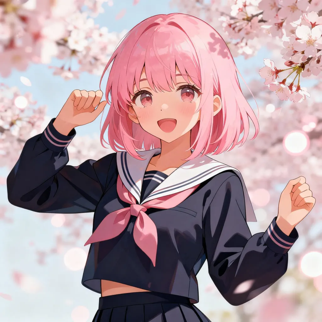 Female anime character pink hair school uniform