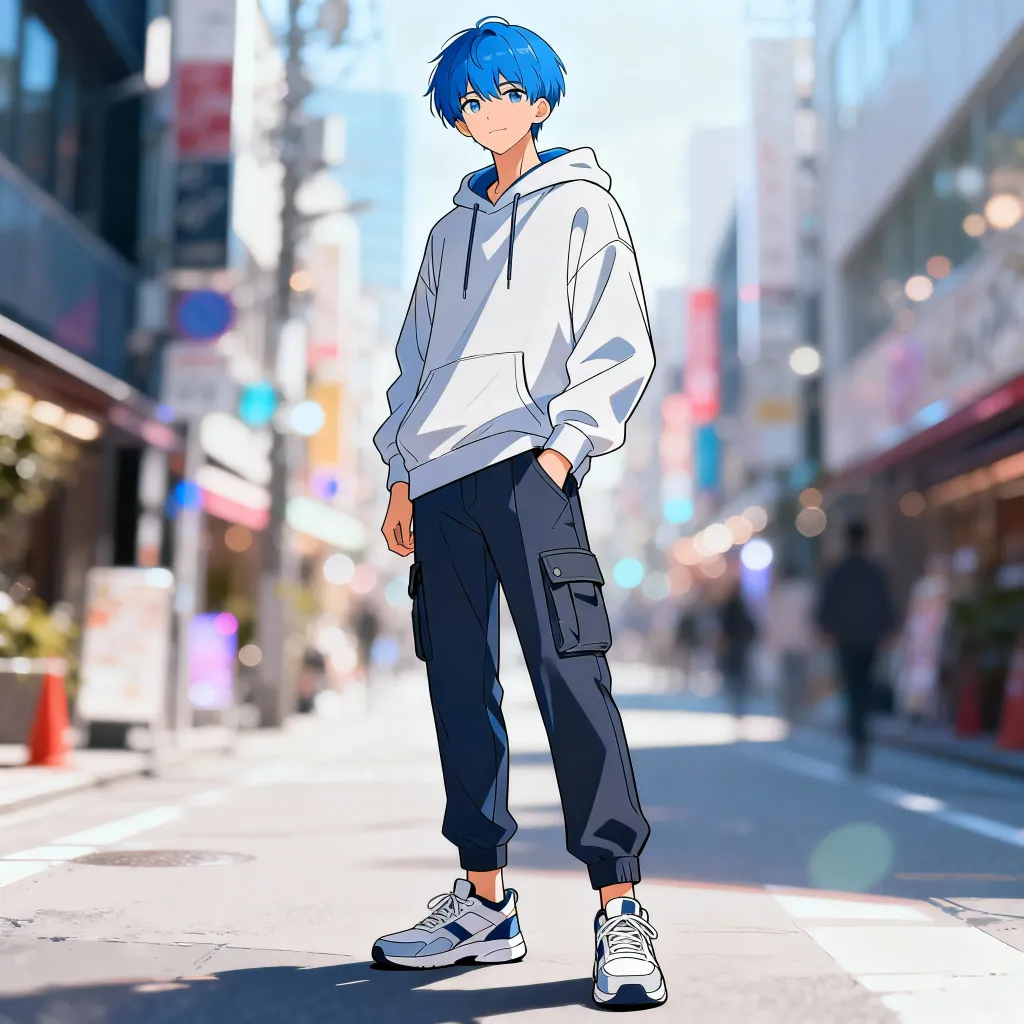Male anime character blue hair urban casual