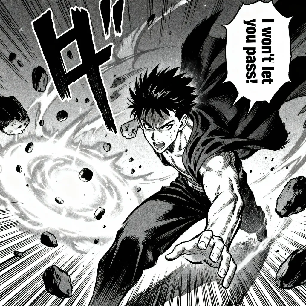 Shonen supernatural manga panel with dramatic shadows
