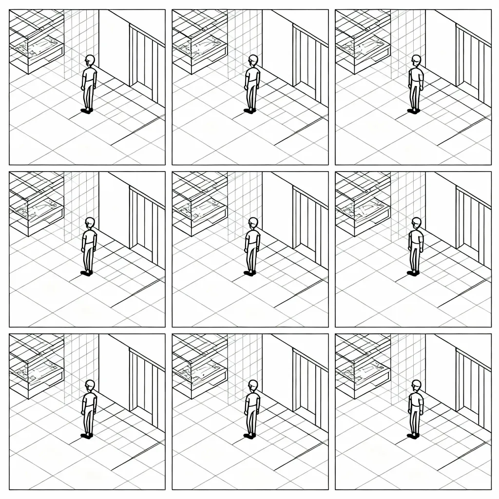 Isometric grid storyboard showing spatial consistency