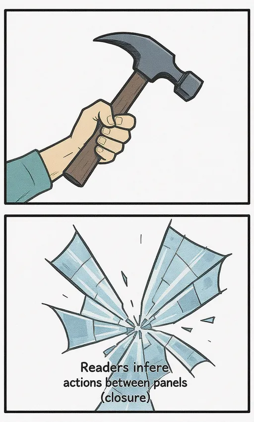 Closure: readers infer actions between panels.