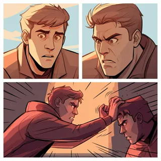 Develop a 3-panel storyboard featuring two characters who represent opposing viewpoints. In the first panel, use a minimalistic background—a simple gradient or plain sky—to set a light, whimsical tone and introduce both characters clearly. Emphasize clean panel borders and a clear layout that guides the reader’s eye.
  
  In the second panel, focus on a close-up of subject1 with exaggerated, cartoonish features like wide-open eyes and an astonished expression. Use bold outlines and thick, consistent line weights, alongside minimal geometric shading, to highlight subject1’s expressive look. Alongside subject1’s detailed expression, include subject2 in a side view, capturing frustration or anger through pronounced frowning and sharp, dynamic lines, creating a visual contrast.
  
  In the third panel, capture a dynamic physical interaction—a grab or push—using action lines and overlapping panel elements to stress movement. Ensure that the physical clash stands out as the main focal point by using tighter framing and intensified line work. Maintain a vivid, limited color palette across all panels and reinforce visual hierarchy by keeping the backgrounds minimal, allowing the characters and their interactions to dominate the scene.