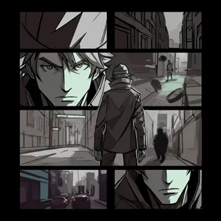 Create a storyboard with bold, clean line art featuring a dynamic character with precise anatomy and iconic accessories in an engaging scene. Use varied line weights, minimalist shading with muted colors and vivid accents, and a panel layout (close-up, mid-shot, wide shot) to build a clear narrative blending classic comic strip simplicity with modern anime/webtoon energy.