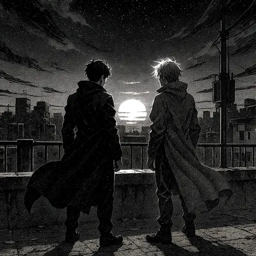 Dramatic rooftop standoff, high-contrast manga scene