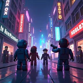 A vibrant Roblox comic scene featuring a group of blocky avatars in a neon-lit city hub, pixelated art style