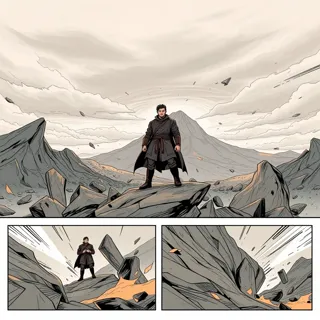 Storyboard Direction:
  
  Scene Setup: Begin with a panoramic panel of a rugged, windswept terrain under a brooding sky. Emphasize layered elements by foregrounding craggy rocks and a distant, imposing mountain. Use atmospheric lighting to create sharp contrasts between deep shadows and bright highlights, guiding the viewer’s eye.
  
  Focal Points: 
  1. Central Character – Place a determined protagonist on a rocky outcrop. Use heavy line weights to accentuate his form against the environment, drawing immediate attention to his expressive posture.
  2. Dynamic Element – Introduce a sudden gust of wind depicted through trailing motion lines and scattered debris. This not only adds action but also reinforces the interplay of light and shadow, giving depth to the scene.
  
  Art Techniques: 
  - Panels: Arrange a sequence starting with a wide establishing shot followed by tighter, action-focused panels that zoom in on the protagonist and moving or breaking elements.
  - Lines & Shading: Employ variable line weights; thicker, bolder lines for foreground details and finer lines for distant or background elements. Apply cross-hatching and detailed shading to accentuate textures and contours throughout the scene.
  - Color Palette: Opt for a controlled, complementary set of tones – warm ambers and oranges for the light, contrasted against cool blues and greys in shadowed areas, ensuring clarity and visual drama.
  
  Overall, maintain consistent character design and environmental details across all panels, ensuring that the dynamic composition and expressive techniques seamlessly support the narrative.