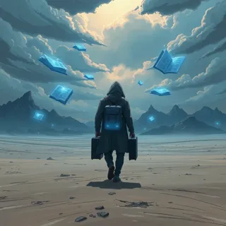 Create a surreal, dreamlike landscape in a digital comic art style. Employ dramatic, cloud-filled skies with ethereal, glowing light. Use dynamic composition to guide the viewer's eye across the scene. Incorporate a mix of painterly and graphic styles. Add depth with distant, jagged mountains. Keep the color palette cool and muted, focusing on shades of blue and grey to enhance the atmosphere. Highlight the use of dramatic lighting and mystical, glowing elements with stardust-like sparkles.