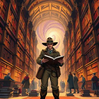 Create an expansive, grand library scene with towering bookshelves that reach up to a vaulted, arched ceiling using a neo-gothic design style. Focus on intricately carved columns and ornate details for the bookshelves and railings. Illuminate the scene with warm, golden light to give it a majestic ambiance. Use dynamic shading and bold lines to emphasize depth and structure. Add a swirling, ethereal vortex of light and stars to the background, using soft gradients and glowing effects to create a sense of wonder and magic. Ensure the composition evokes a sense of awe and curiosity, with rich detail and atmospheric elements throughout.