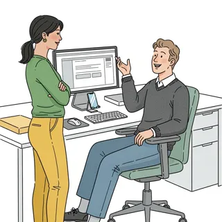 Hand-drawn cartoon scene of two coworkers in pastel colors, modern office, soft lighting, minimal background, friendly collaboration, side view.
