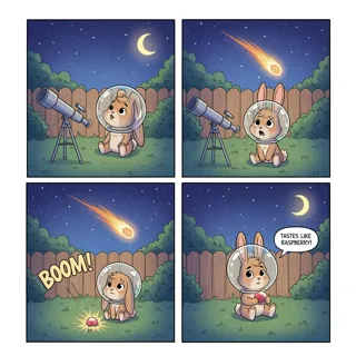 Whimsical, storybook-style comic art with soft pastel colors, gentle lighting, and rounded forms; playful, expressive bunny protagonist and cozy backyard night scene.