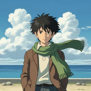 Detailed anime art in Studio Ghibli style, young male with spiky black hair by tranquil coast, soft natural lighting, blues, tans, greens, contemplative and nostalgic atmosphere.