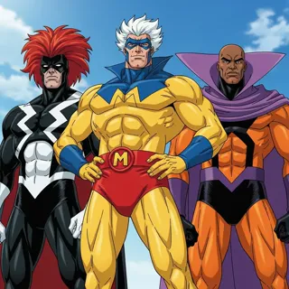 Highly detailed, comic-book style illustration with bold colors, dynamic posing, 90s superhero animation energy, dramatic lighting, and heroic atmosphere.