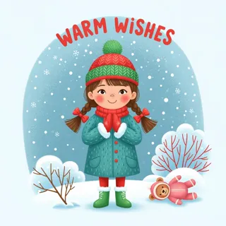Whimsical, modern winter illustration featuring a joyful young girl in cozy clothes, soft snowy colors, and festive details. Cheerful, storybook style, cozy and heartwarming.