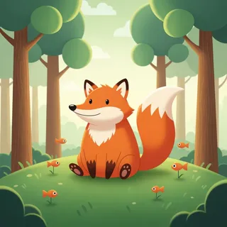 Cartoon, soft diffuse light, plump orange fox, minimal stylized forest, playful serene mood, childlike wonder, warm pastel palette, storybook illustration.