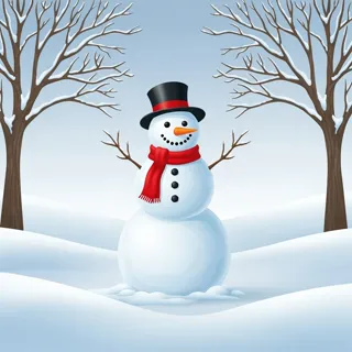 Simple cartoon-style illustration with soft, cool colors; playful snowman as centerpiece, framed by snowy trees and gentle snowdrifts; soft, diffused light evokes nostalgic winter ambiance.