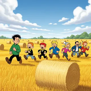 Vibrant cartoon style, dynamic group of iconic comic characters running through sunlit wheat field, playful mood, colorful, expressive faces, classic Franco-Belgian comic strip aesthetic.