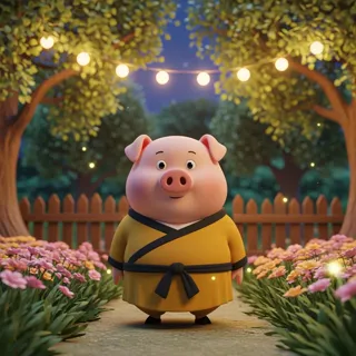 Whimsical, pastel animation style. Warm string lights, bokeh, magical nighttime garden. Chubby piglet in robe, surrounded by flowers, fairy-tale mood. Soft, cozy textures.