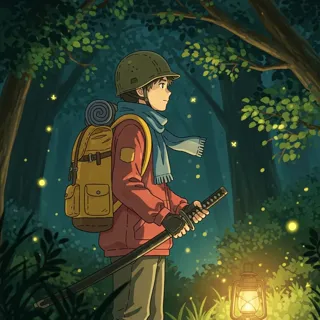 Anime-inspired, painterly style with warm lighting, magical fireflies, earth tones. Serene, nostalgic forest setting. Soft, cozy, inviting mood. Three-quarter view of young explorer.