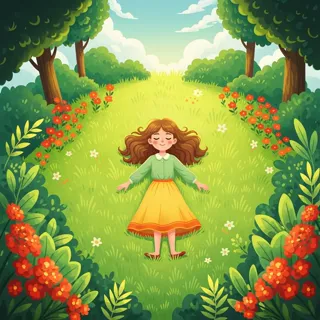 Top-down whimsical illustration, storybook style, soft sunlight. Vintage-clad girl surrounded by vibrant meadow flowers and lush grass. Dreamy, cheerful, and serene mood. Cartoon foliage.