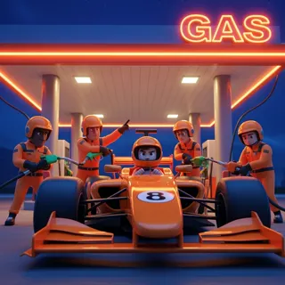 Animated, vibrant scene, stylized cartoon gas station at night, dynamic action, exaggerated proportions, glossy textures, vivid oranges and blues, lively teamwork, original characters.