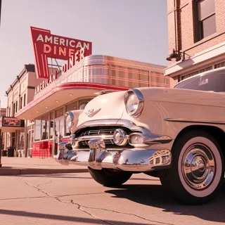 Warm nostalgic retro art styled with soft lighting, pastel pinks, and 1950s details; dreamy Americana scene with a vintage car, chrome, neon, and diner setting.