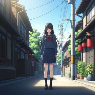 Anime-inspired, soft lighting, Japanese schoolgirl in uniform, peaceful street, nostalgic mood, warm sunlight, gentle colors, urban scenery, eye-level, detailed background, expressive atmosphere.