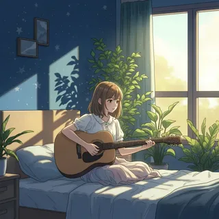 Soft, whimsical digital art, intimate framing, tranquil color palette. Emphasize gentle sunlight, peaceful bedroom scene, cozy atmosphere, delicate details, youthful character. Invokes nostalgic, comforting mood.