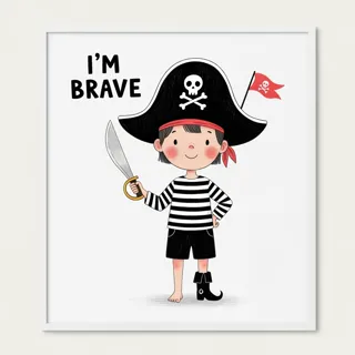 Charming, cartoonish crayon illustration of a confident child pirate, playful proportions, muted palette, soft lighting; hand-drawn, minimal, centered with textured lines and whimsical details.