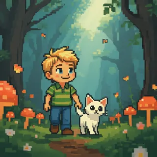 a charming, deliberately pixelated art style reminiscent of classic 8-bit video games, featuring simple shapes and a limited, bright color palette dominated by greens, blues, browns, comic strip