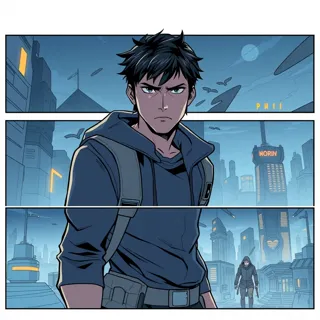 Develop a dynamic anime-style webtoon, futuristic city
