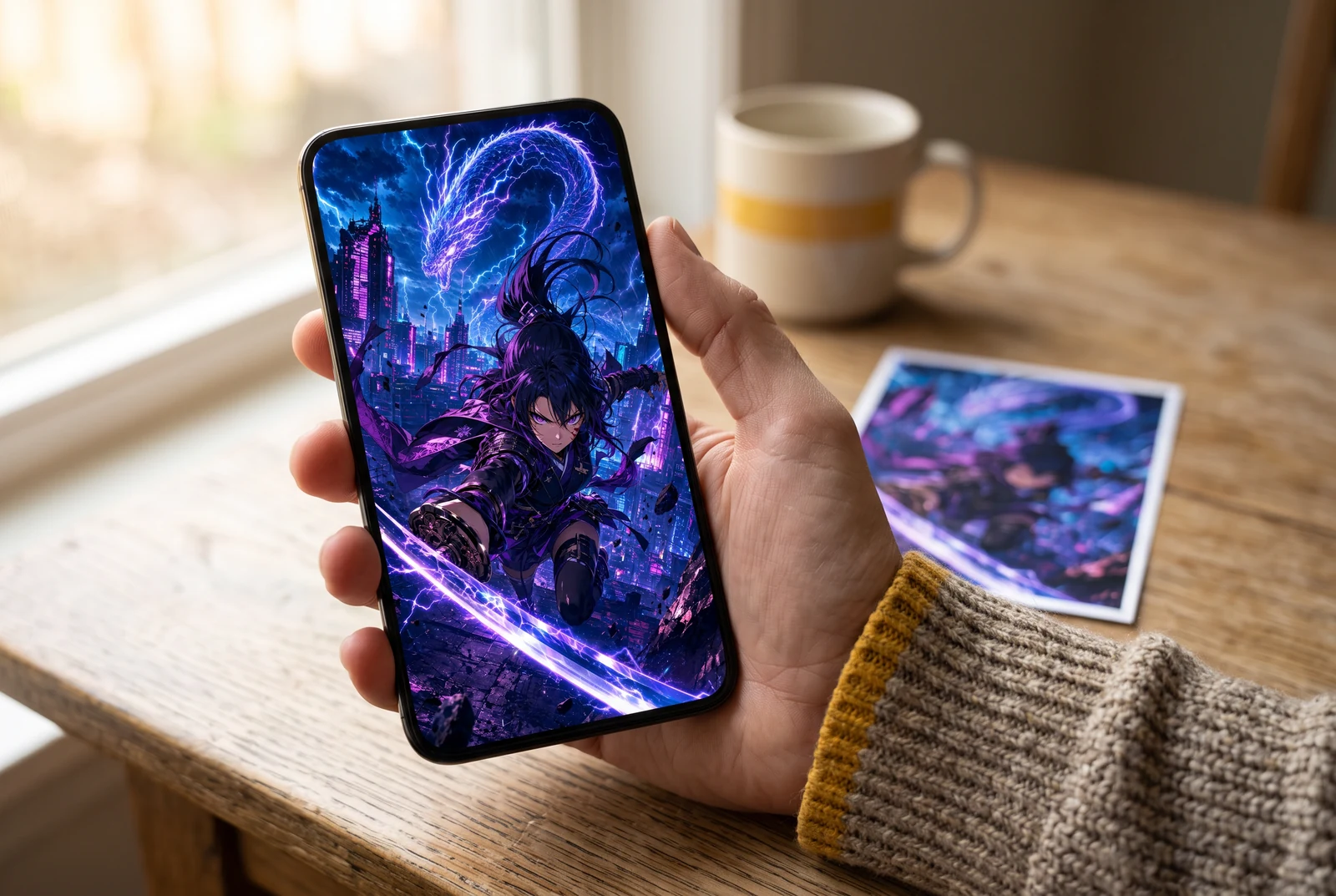 AI concept ng natural na kamay ng adult na may hawak na phone na may nakikitang portrait comic scene.