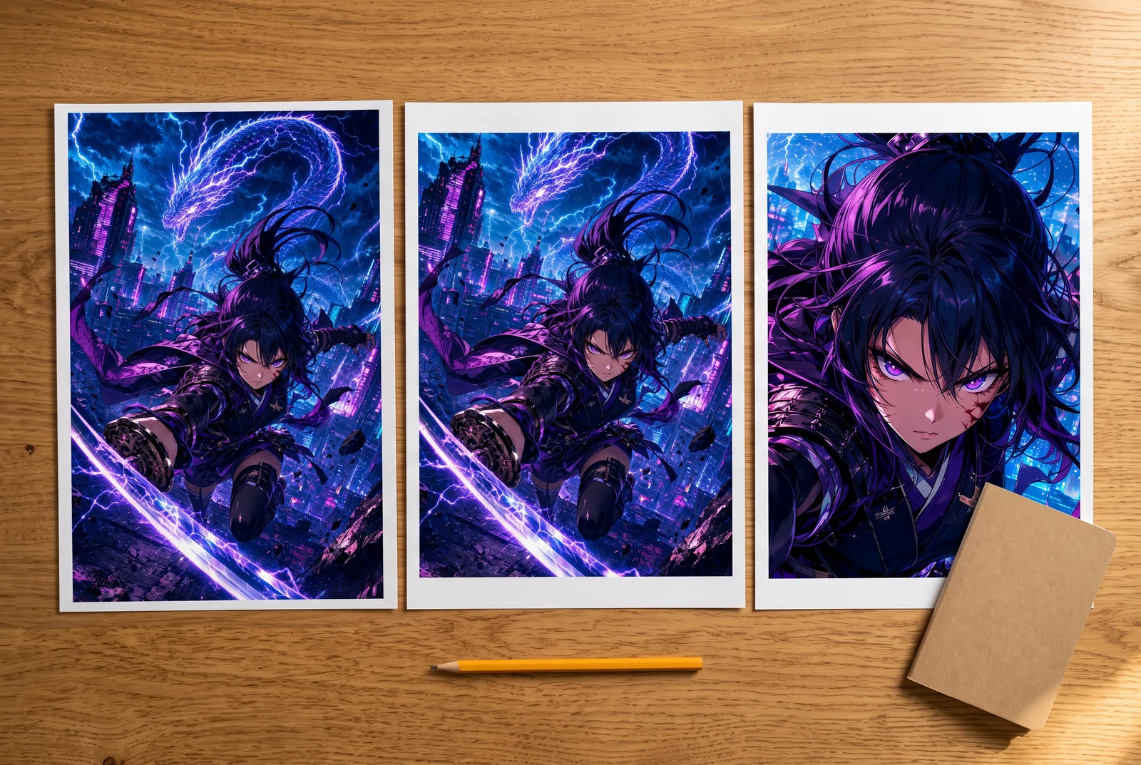 AI story-planning concept na nagpapakita ng ilang tapos na illustrated scene design na magkakatabi sa desk sa bahay.