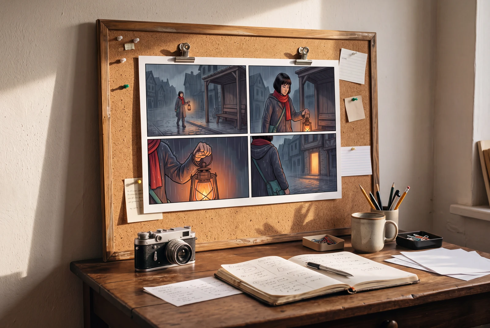 A finished AI-generated visual presented in an everyday creative setting.