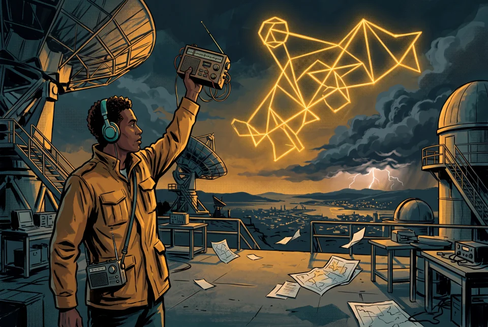 Isang radio engineer na may ochre jacket ang nag-angat ng radio sa ilalim ng kumikinang na geometric constellation sa ibabaw ng harbor observatory na nililiwanagan ng unos.