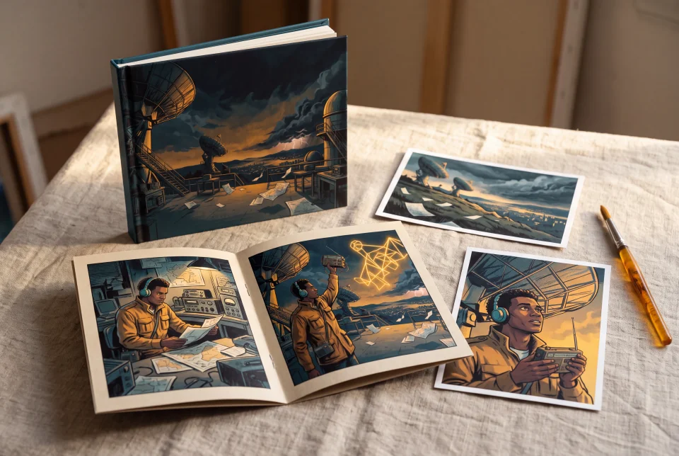A fictional graphic novel book, folded zine and illustrated postcards form a coordinated set of different designs from the Signal at the old observatory world.