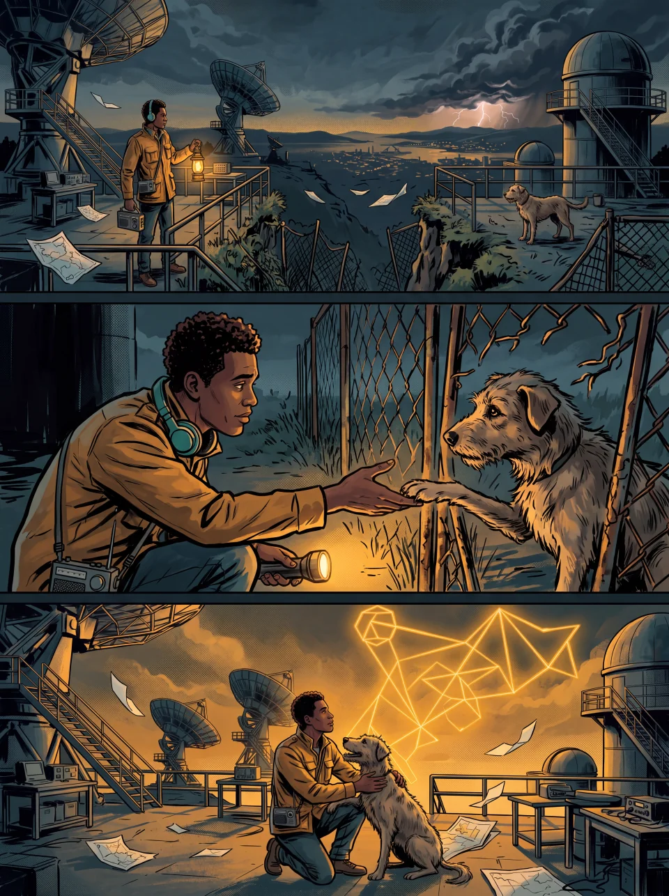 A static graphic novel dramatic triptych showing the radio engineer through an establishing scene, a close emotional moment and a reunion.