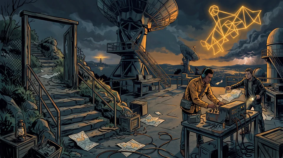 A graphic novel adventure-world concept with the radio engineer, an explorable route and a distant landmark in the harbor observatory.