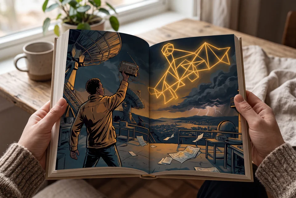 A fictional adult holds an open illustrated book featuring the radio engineer in the graphic novel style, beside a softly lit window.