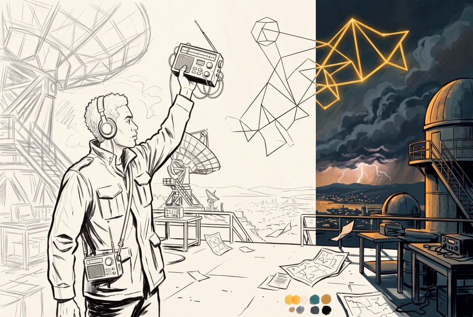 A concept sheet for the radio engineer showing a loose thumbnail, clean line drawing and a finished graphic novel scene of the same composition.