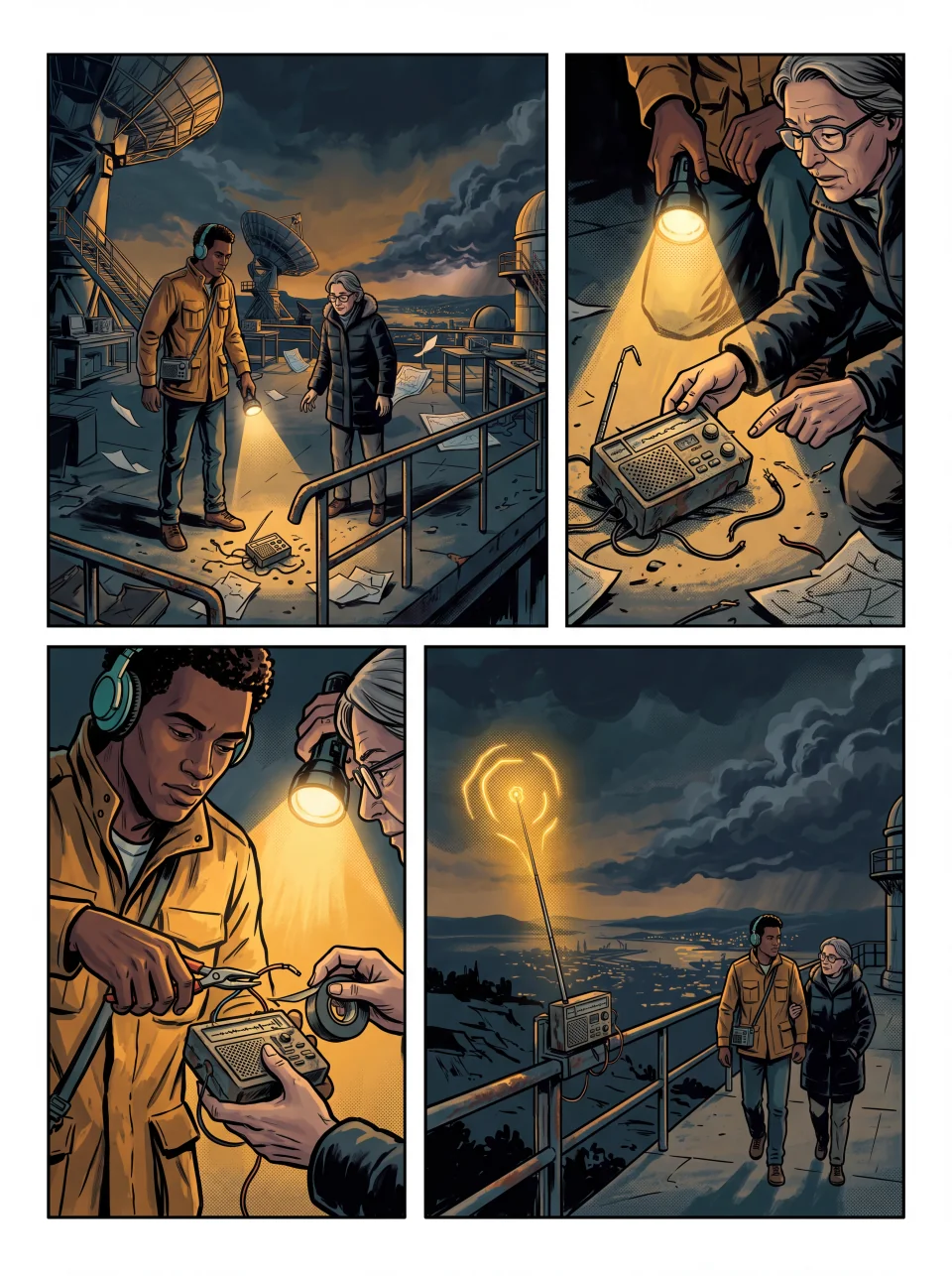 An original graphic novel comic page following the radio engineer through a small act of kindness, with separate panels and visible gutters.